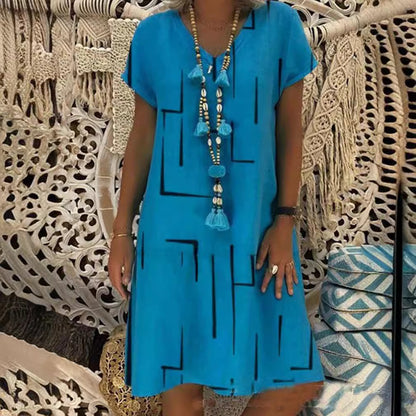 Horúci výpredaj【🏆S-5XL】👗 Jednofarebné jednoduché bavlnené šaty s výstrihom do V, módne šaty s potlačou