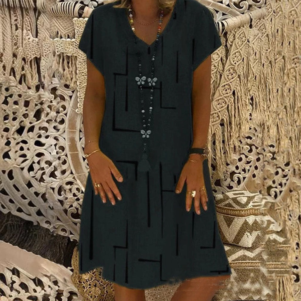 Horúci výpredaj【🏆S-5XL】👗 Jednofarebné jednoduché bavlnené šaty s výstrihom do V, módne šaty s potlačou