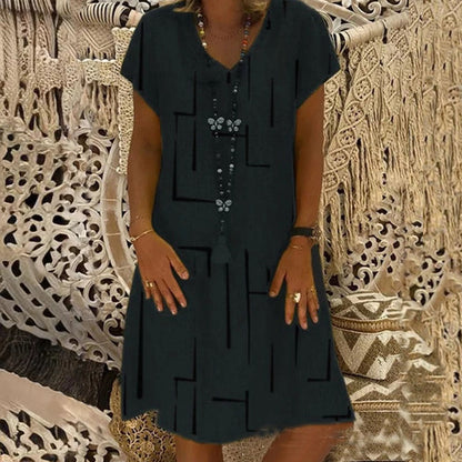 Horúci výpredaj【🏆S-5XL】👗 Jednofarebné jednoduché bavlnené šaty s výstrihom do V, módne šaty s potlačou
