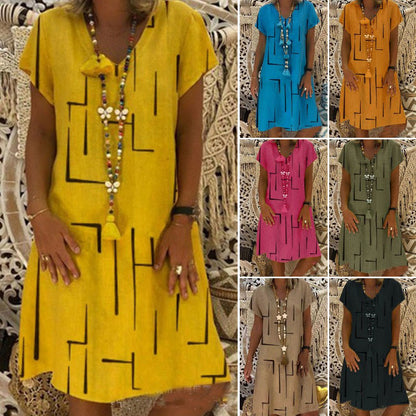 Horúci výpredaj【🏆S-5XL】👗 Jednofarebné jednoduché bavlnené šaty s výstrihom do V, módne šaty s potlačou